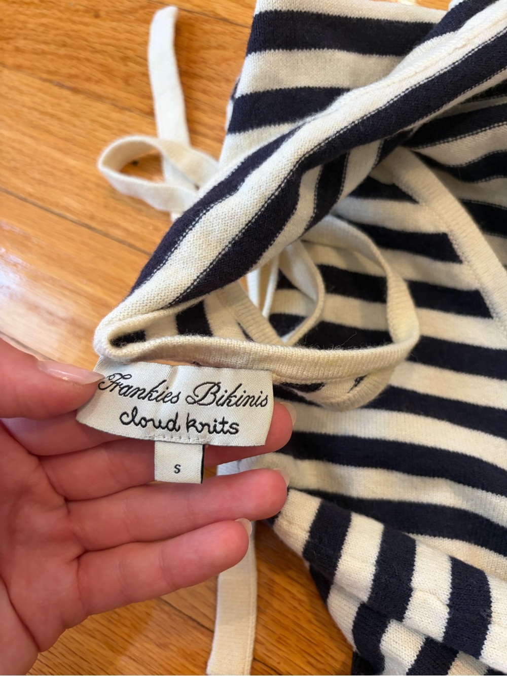 Frankie's Bikinis Navy and White Striped Off-the-Shoulder Sweater